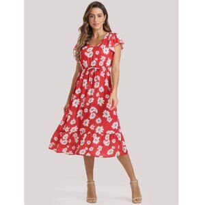 89th & Madison | NEW Red Floral Flutter Sleeve Midi Dress - Size M